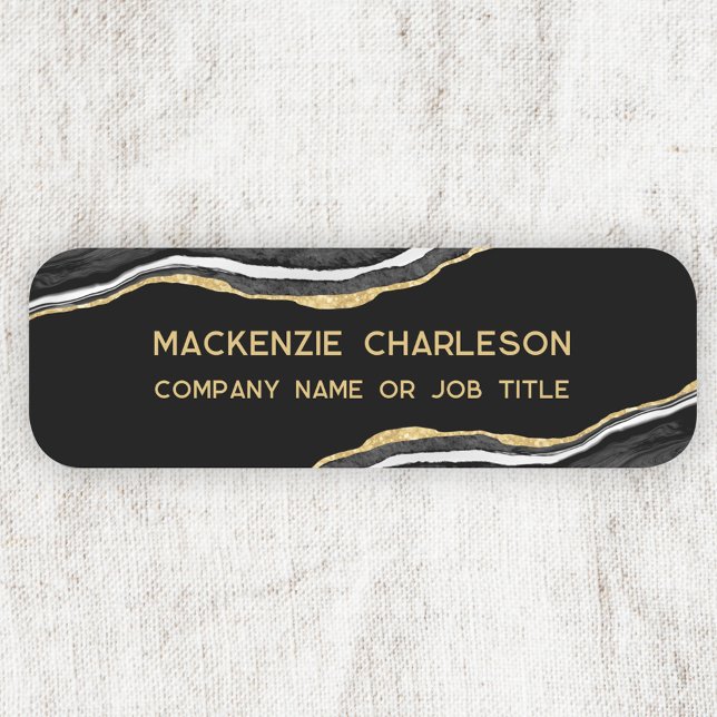 Etiqueta De Nome Black Marble Agate Dourado Glitter Business (Black marble agate geode gold effect modern business name badge or tag)
