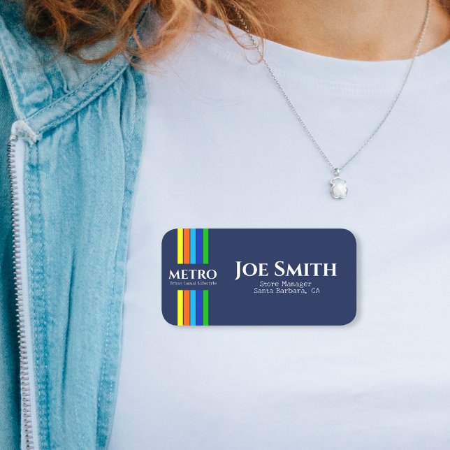 Etiqueta De Nome Blue Business Name Urban Modern Vertical Strips (Criador carregado)