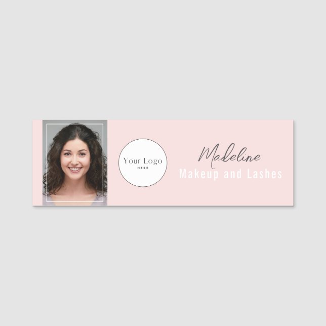 Etiqueta De Nome Blush Pink Script Logo Photo Makeup (Frente)