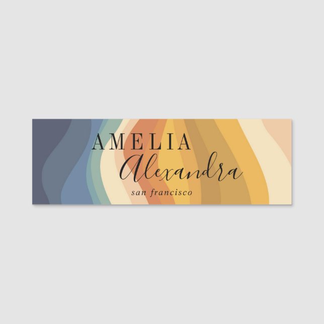 Etiqueta De Nome Boho Retro Script Abstrato Wavy Lines Amarelo (Frente)