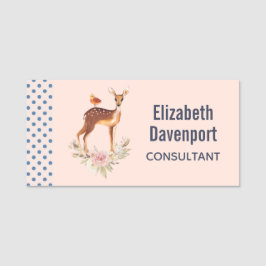 Etiqueta De Nome Bonito Castanho Descoberto com Pássaro e Rosas