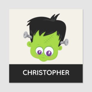 Etiqueta De Nome Bonito monstro verde Frankenstein face ao Dia das