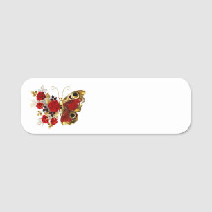 Etiqueta De Nome Borboleta de flor vermelha com rosas vermelhas