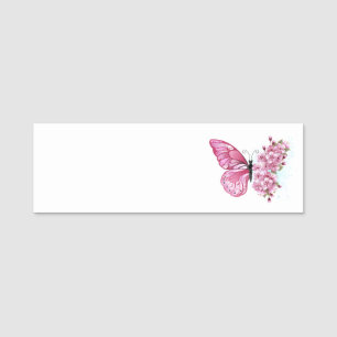 Etiqueta De Nome Borboleta Flor com Sakura Rosa