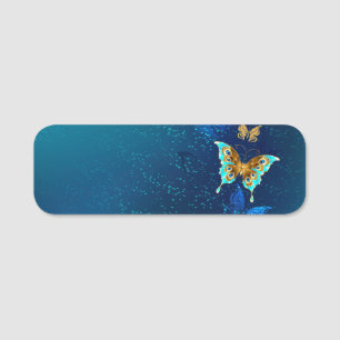 Etiqueta De Nome Borboletas de Ouro em um fundo azul
