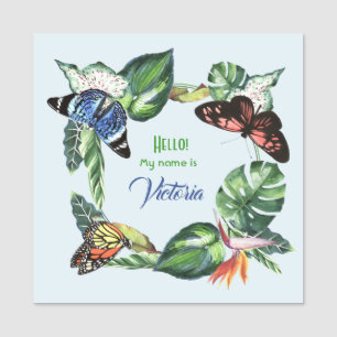 Etiqueta De Nome Borboletas e Folhas Tropicais Aquarela