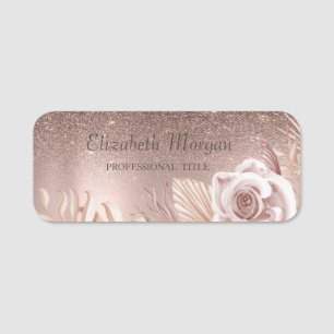 Etiqueta De Nome Brilho Moderno Ombre, Flor, Dourado Rosa
