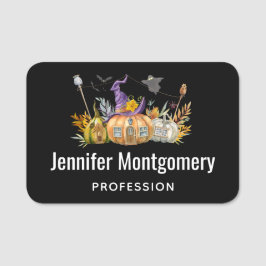 Etiqueta De Nome Casa de Abóbora Assombrada com Fantasma e Morcegos