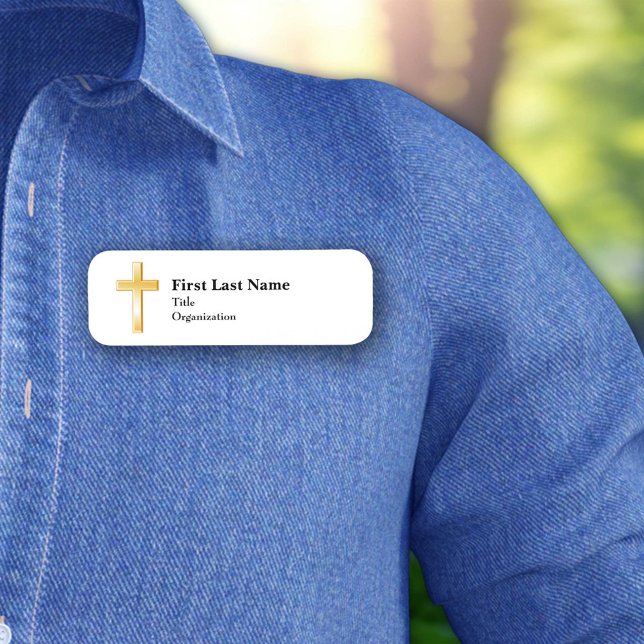 Etiqueta De Nome Christian Dourado Cross, Classic 3" x 1" (Personalized Christian gold cross name tag, symbol of faith, devotion, and spiritual commitment.)