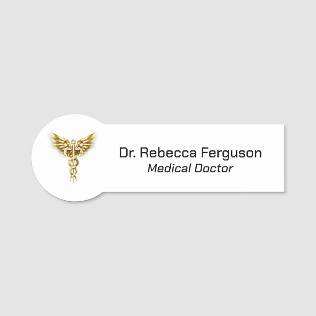 Etiqueta De Nome Clássico Caduceus Dourado Médico (Frente)