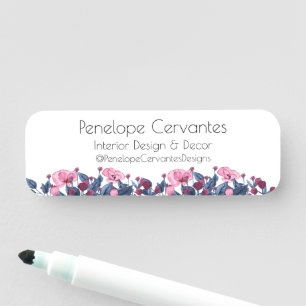 Etiqueta De Nome Cor de Água Moderna Azul e Rosa Floral