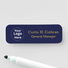 Etiqueta De Nome Crachá com Design Azul Marinho e Dourado