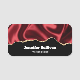 Etiqueta De Nome Design abstrato de Satin Wavy Glam Vermelho Escuro