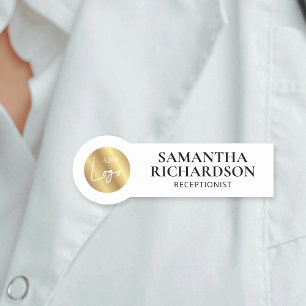 Etiqueta De Nome Elegante branco e Compro de logotipos Dourado Salã