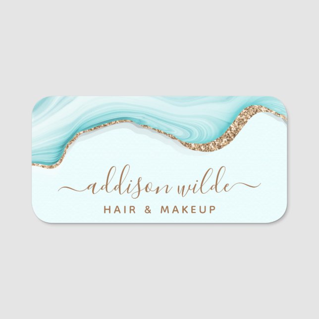 Etiqueta De Nome Elegante Dourado Glitter Blue Marble Agate Moderno (Frente)