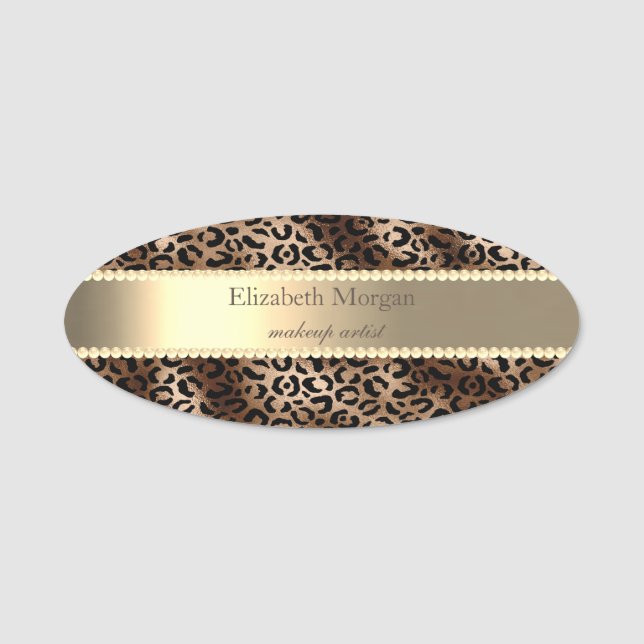 Etiqueta De Nome Elegante estampa de leopardo, listra, pérolas  (Frente)