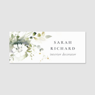 Etiqueta De Nome Elegante Moderno Boho Abstrato Verde Floral Branco