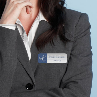 Etiqueta De Nome Elegante Monograma Marinho de prata azul Logotipo