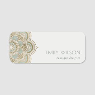 Etiqueta De Nome Elegante Ornamentado Dourado Turquesa Teal Turques