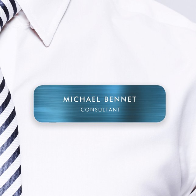Etiqueta De Nome Empresa Elegante Blue Metallic Professional (Elegant Blue Metallic Professional Business Name Tag)