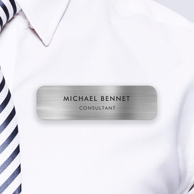 Etiqueta De Nome Empresa profissional metalúrgica de Cinzas pratead (Elegant Silver Gray Metallic Professional Business Name Tag)