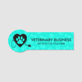 Etiqueta De Nome Estetoscópio Coração Pata Veterinário Verde Azul P