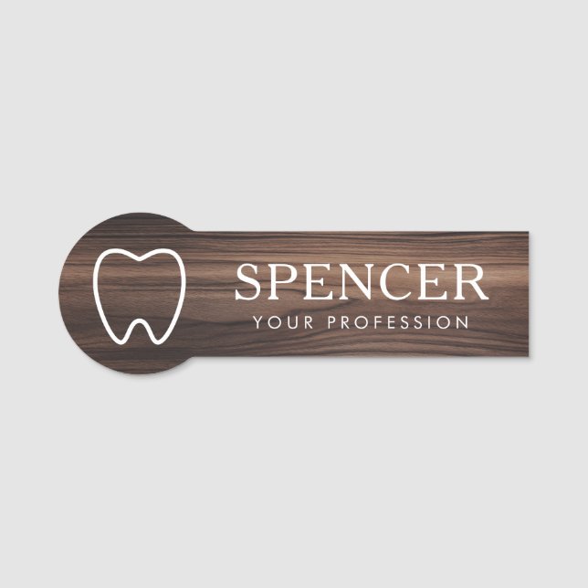 Etiqueta De Nome Estofo dentário madeira escura olhar dentista clín (Frente)