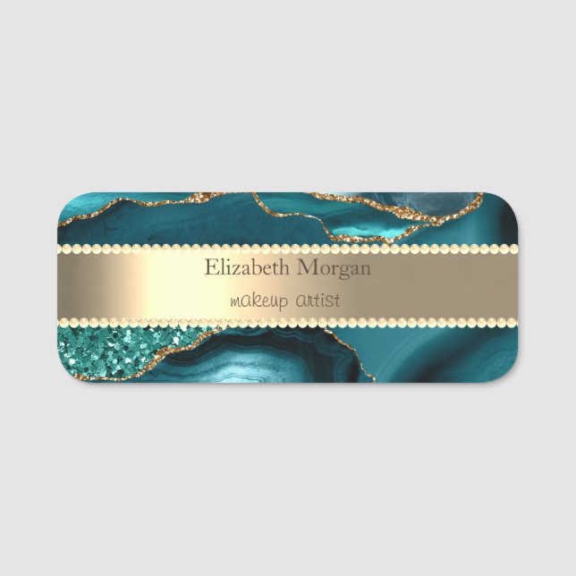 Etiqueta De Nome Faixa Dourada elegante, pérolas brilhantes, verde  (Frente)