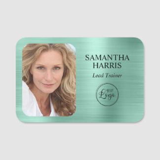 Etiqueta De Nome Faux Light Teal Foil Logo e Foto