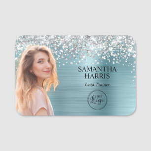 Etiqueta De Nome Foto e logotipo do Silver Glitter Blue Foil Cutout