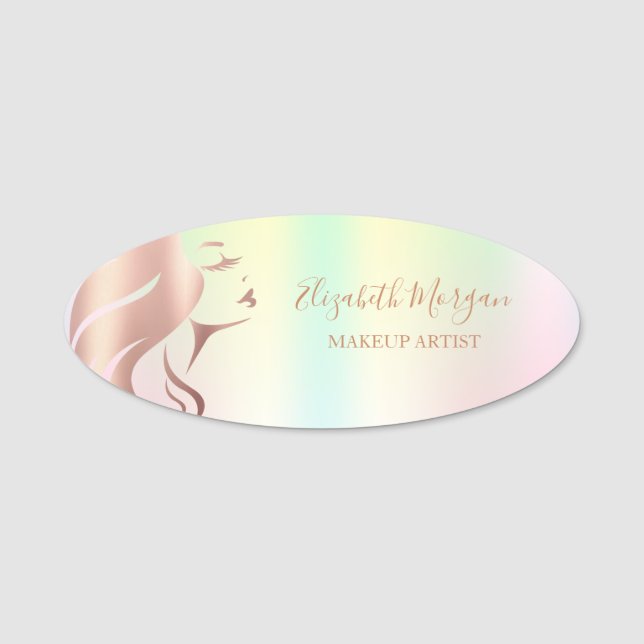 Etiqueta De Nome Garota Diante Silhueta, Artista Maquiagem Holográf (Frente)