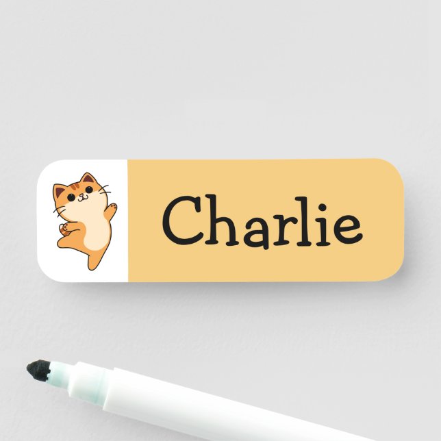 Etiqueta De Nome Gato Laranja De Cartoon, Personalizado, Amarelo (In Situ)