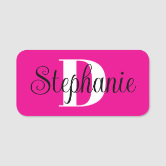 Etiqueta De Nome Girly Hot Pink Black and White Modern Monogram