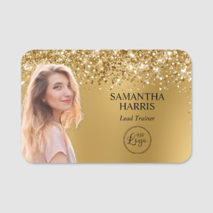 Etiqueta De Nome Glittery Gold Blur Cutout Foto e Logotipo