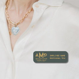 Etiqueta De Nome Green and Gold 3 Letter Monogram Business Employee