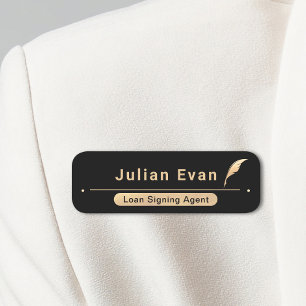 Etiqueta De Nome Ícone Elegante Preto e Dourado de Quill Público No