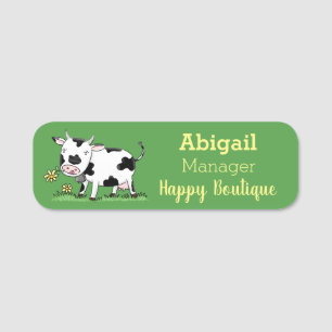 Etiqueta De Nome Imagem de desenho animado de uma vaca em verde