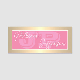 Etiqueta De Nome Luxe Flamingo Rosa Dourado Monograma Negócios