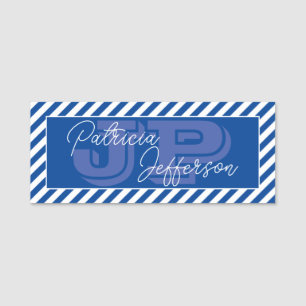 Etiqueta De Nome Monograma Único Listrado Azul e Branco
