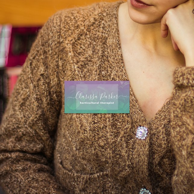 Etiqueta De Nome Monstera Exótica Tropical Deixa Ombro Verde Roxo (Criador carregado)