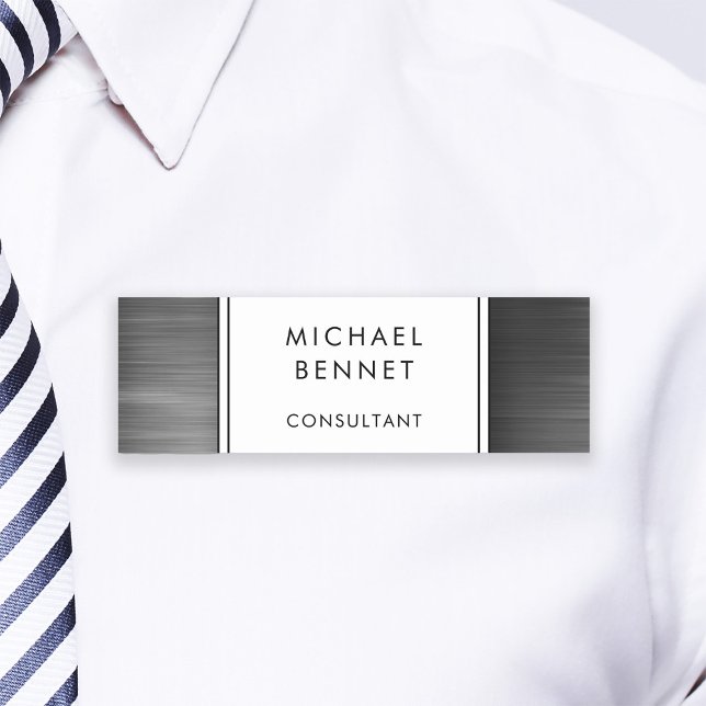 Etiqueta De Nome Negócios Metálicos Esmagados a Preto Elegante (Elegant Black Brushed Metallic Business Name Tag)