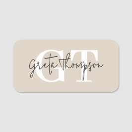 Etiqueta De Nome Nome da Assinatura Preta e Branca Monograma Beige
