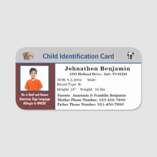 Etiqueta De Nome Pai Mãe Contata Cartão de Identificação Filho