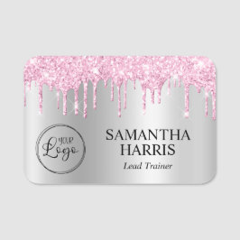 Etiqueta De Nome Pale Pink Glitter Drips Silver Shimmer