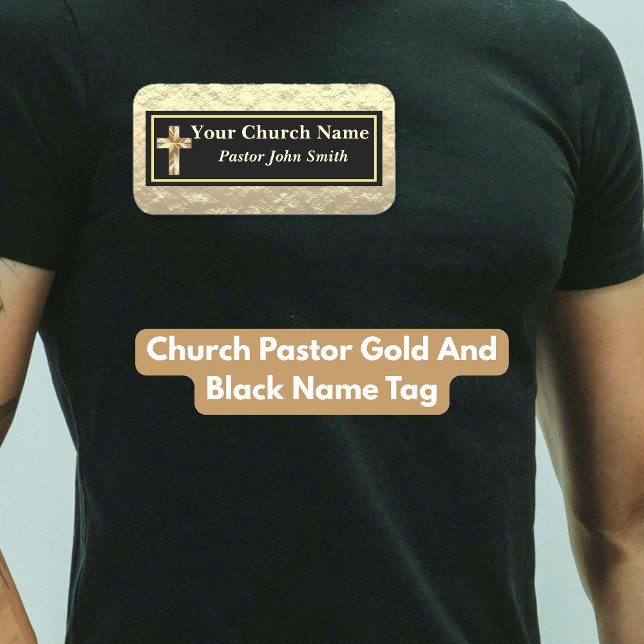 Etiqueta De Nome Pastor Da Igreja Dourado E Negro (Church Pastor Gold And Black Name Tag)