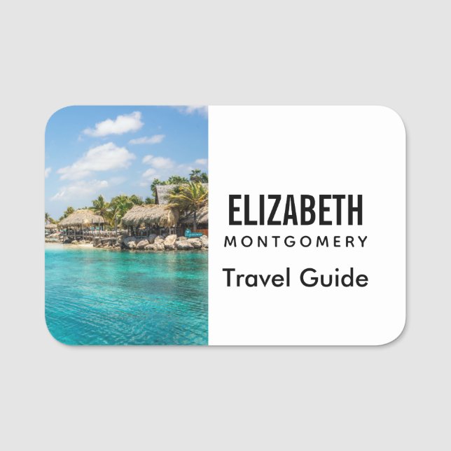 Etiqueta De Nome Praia Tropical Azul Gemida com Huts Atchados (Frente)