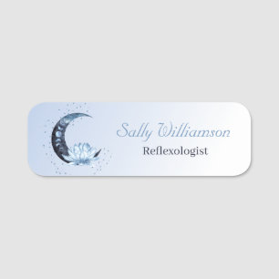 Etiqueta De Nome Reflexologia Azul Lotus Flor Moon Business