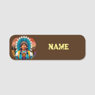 Etiqueta De Nome Retrato Poderoso Principal Americano Nativo