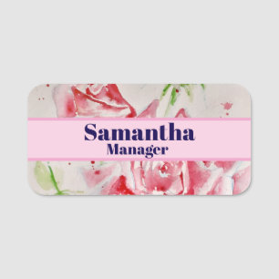 Etiqueta De Nome Rosas de aquarela Chique rosa vermelha cor-de-água