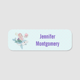 Etiqueta De Nome Sereia Fofa Andando um Golfinho Sob o Mar